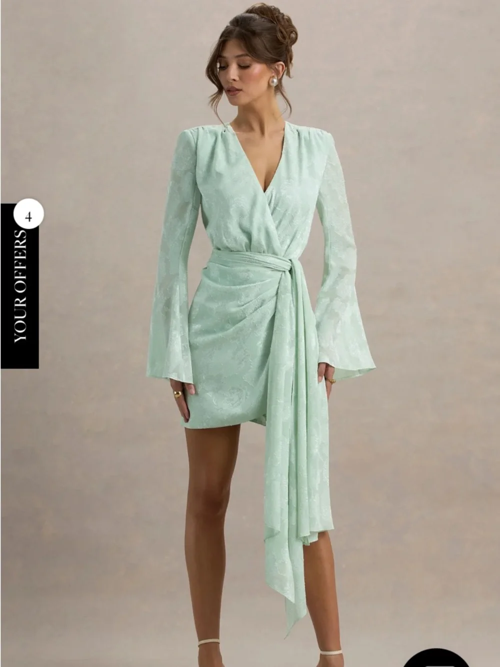 Club London DOREEN Mint Long-Sleeve Wrap Mini Dress Sz L; very flattering style - Picture 5 of 11